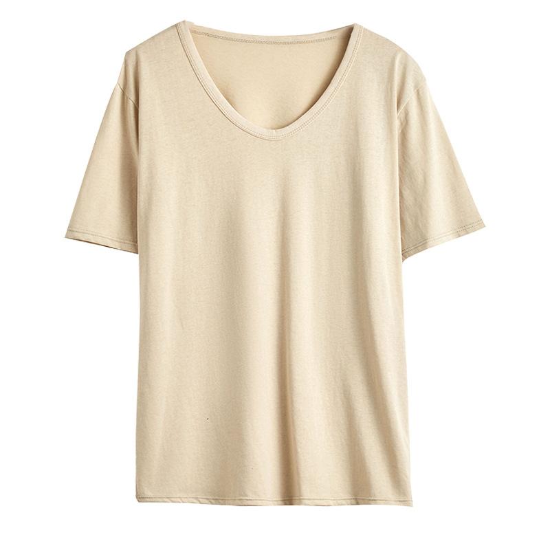 Snowflake Cotton Korean Version Women's Clothing V-neck Loose Front Shoulder Short-sleeved T-shirt Women's High-end Sense Lazy Wind Wear Solid Color C