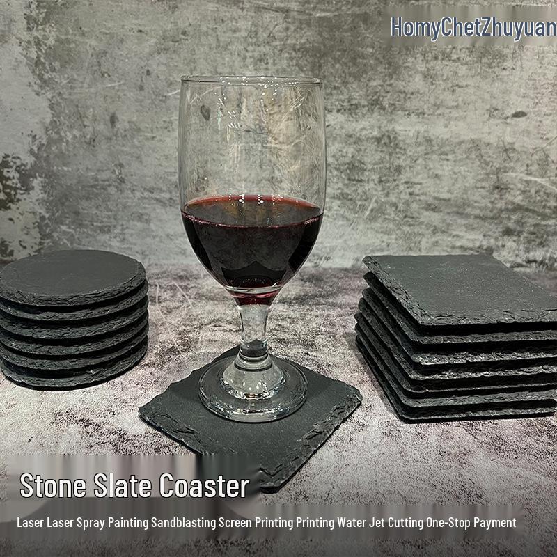 Japanese Style Round Slate Coaster Set - Natural Heat-Insulating Pad for Bar Whiskey