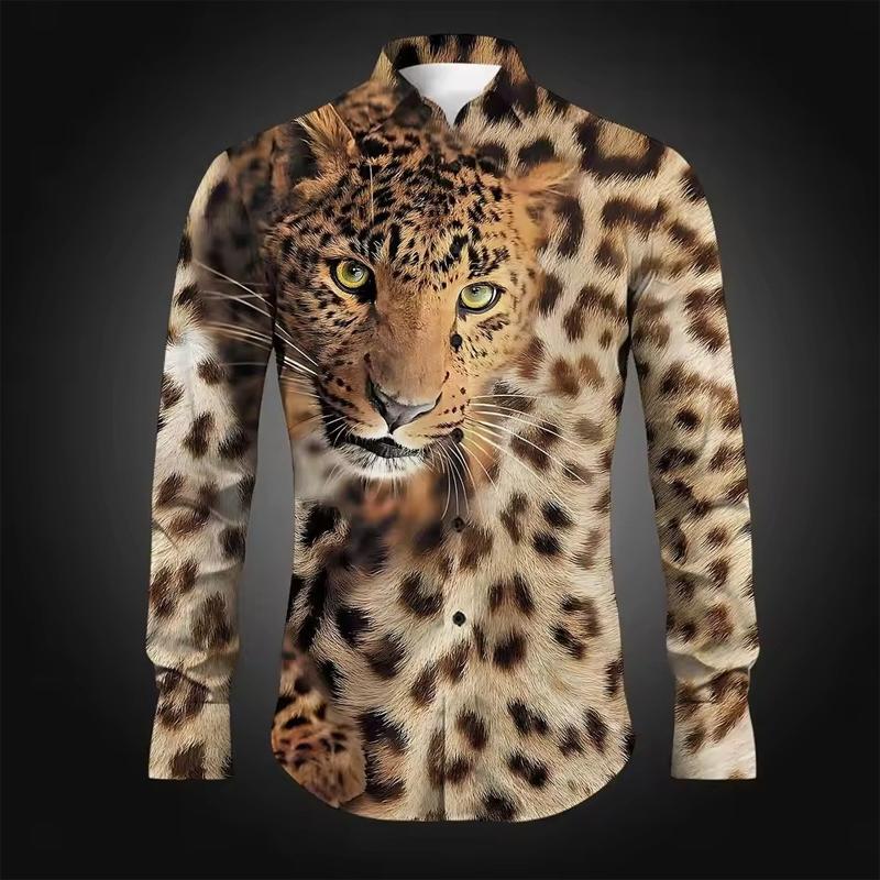 Men Slim Fit Long Sleeve Collared Shirts With Full Body Leopard Spot Texture & Front Leopard Head Motif Embellishment