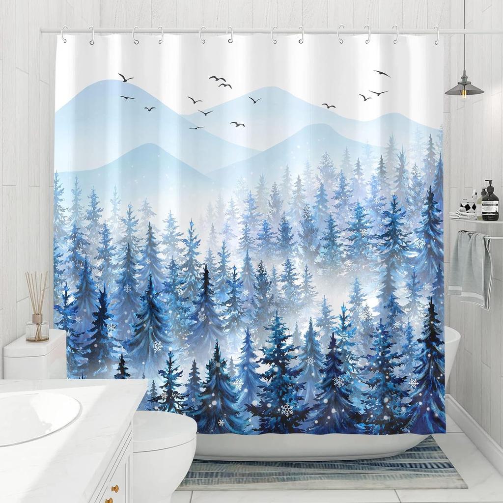 Winter Forest Shower Curtain Blue Snowy Trees Mountain Scene Nature Art Holiday Design Bath Decor Waterproof Fabric Home