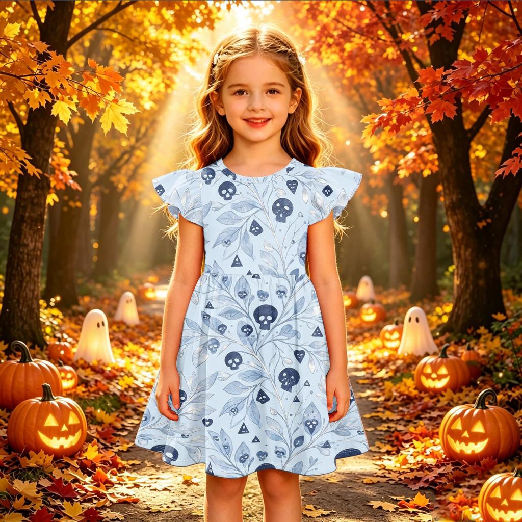 Kids Casual Halloween Printed Sleeve Dress for Party and Holiday