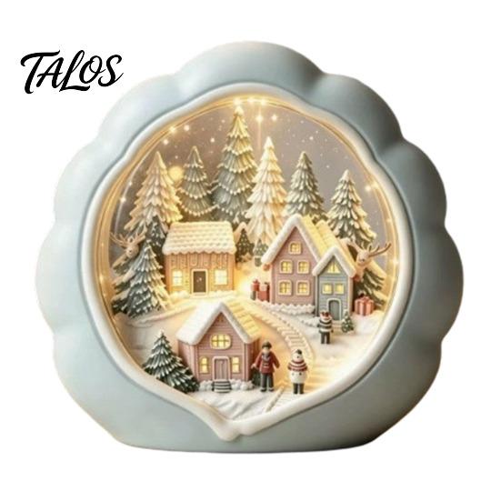 Christmas Tree Wooden Figurines Tabletop Decor with Warm LED Lights, 2D Printed Snow Village Scene Decorative Church And Sleigh Sets Santa Reindeer