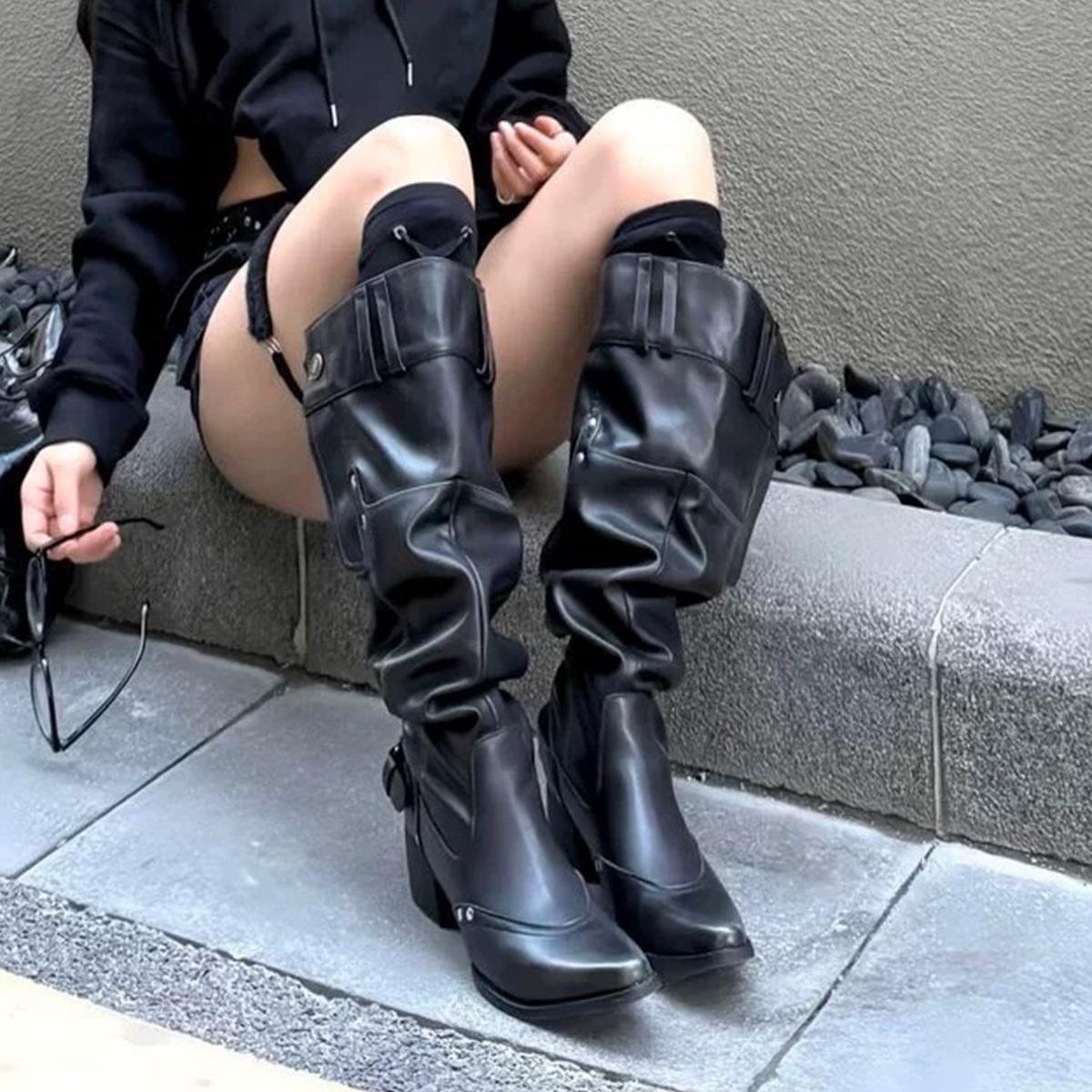 

Cowhide version~ retro pointed western cowboy boots thin pleated piled boots women s thick heel temperament but knee boots 35 чёрный