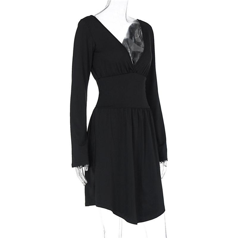 

European and American Sexy Silm Backless Waist Trimming V-neck Long-Sleeve Dress Sexy Bodycon Mini Dress Black S