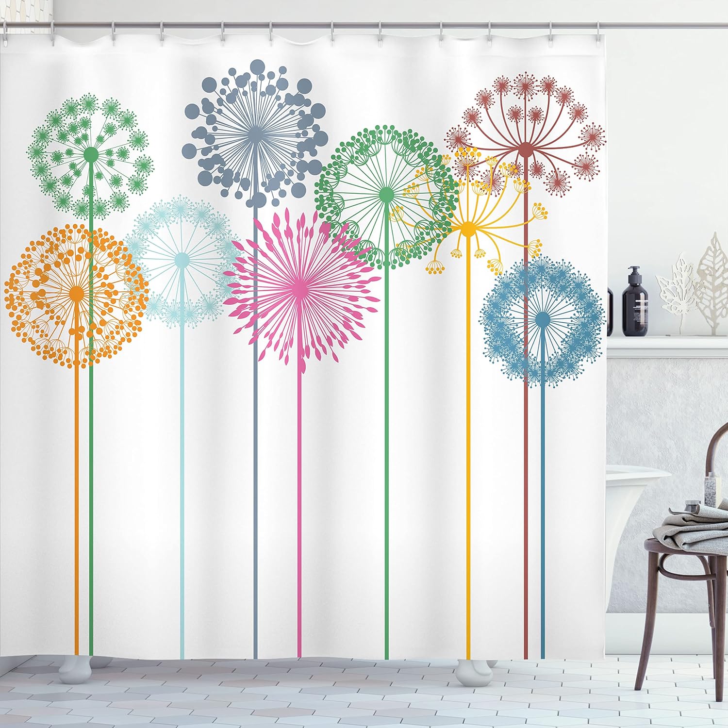 

Colorful Dandelion Shower Curtain Multi Color Floral Design Modern Art Bath Decor Waterproof Fabric Home Accessories W60H190(CM)-1 Pcs