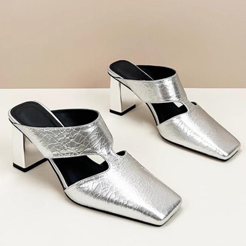 

Fashion Designer Women High Heels Slippers Square Toe Heeled Sandals Woman Shoes 2025 Trend Summer Fashion Flip Flops Dress Chunky Pumps 42 серебряный
