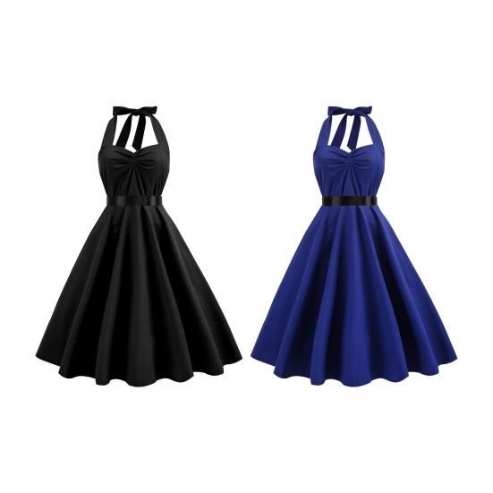 Vestido de noite feminino com cadarço, decote halter, linha A, grande, costas nuas, ombro de fora, sem mangas, cor sólida, retrô, coquetel, festa, casamento, vestido midi