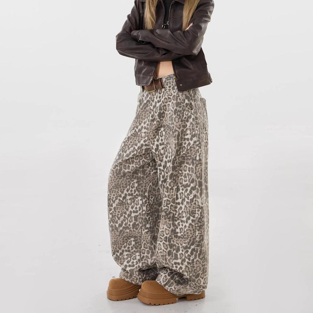 Unisex Retro Leopardenmuster Weite Hosen - Bodenlang, Lässige Scheren-Cut Hose für Trendigen, Entspannten Streetstyle.
