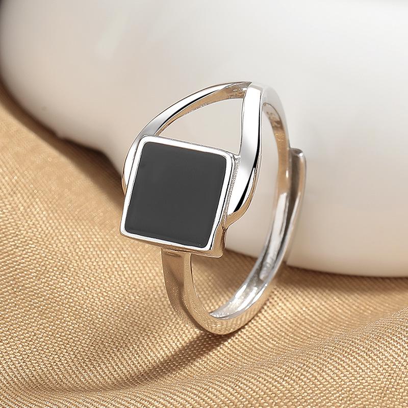 925 Sterling Silver Black Square Ring - Women's Retro Niche Design, Cool Style, Open Adjustable for Index Finger