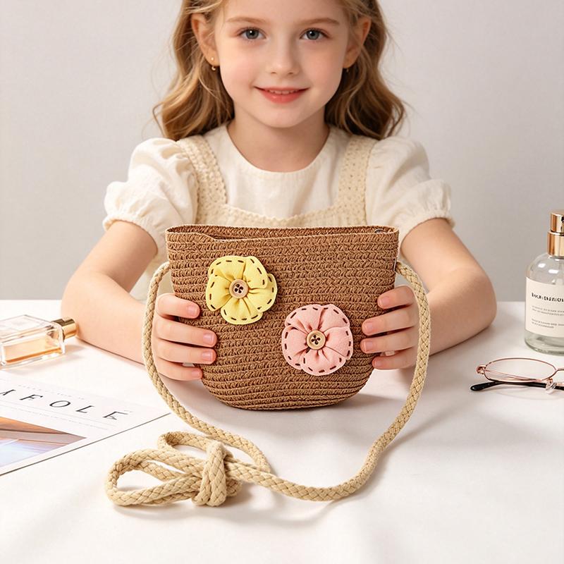 Mini  Handmade Girls Summer Children Weaving Bag Shoulder Bag Handbags Straw Beach Bag