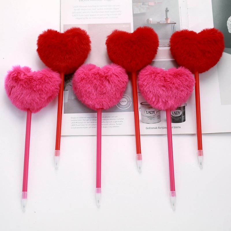 Heart Shape Pom Pom Ballpoint Pen Cute Cartoon Gel Pen for Journal Fluffy Soft Top Student Writing Gift Kawaii School Supplies
