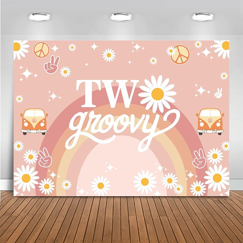 Mocsicka Two Groovy Birthday Backdrop Boho Rainbow Groovy 2nd Birthday Party Decorations 70 s Daisy Hippie Peace Love Party Background Cake Table 7x5ft (82x60 inch)