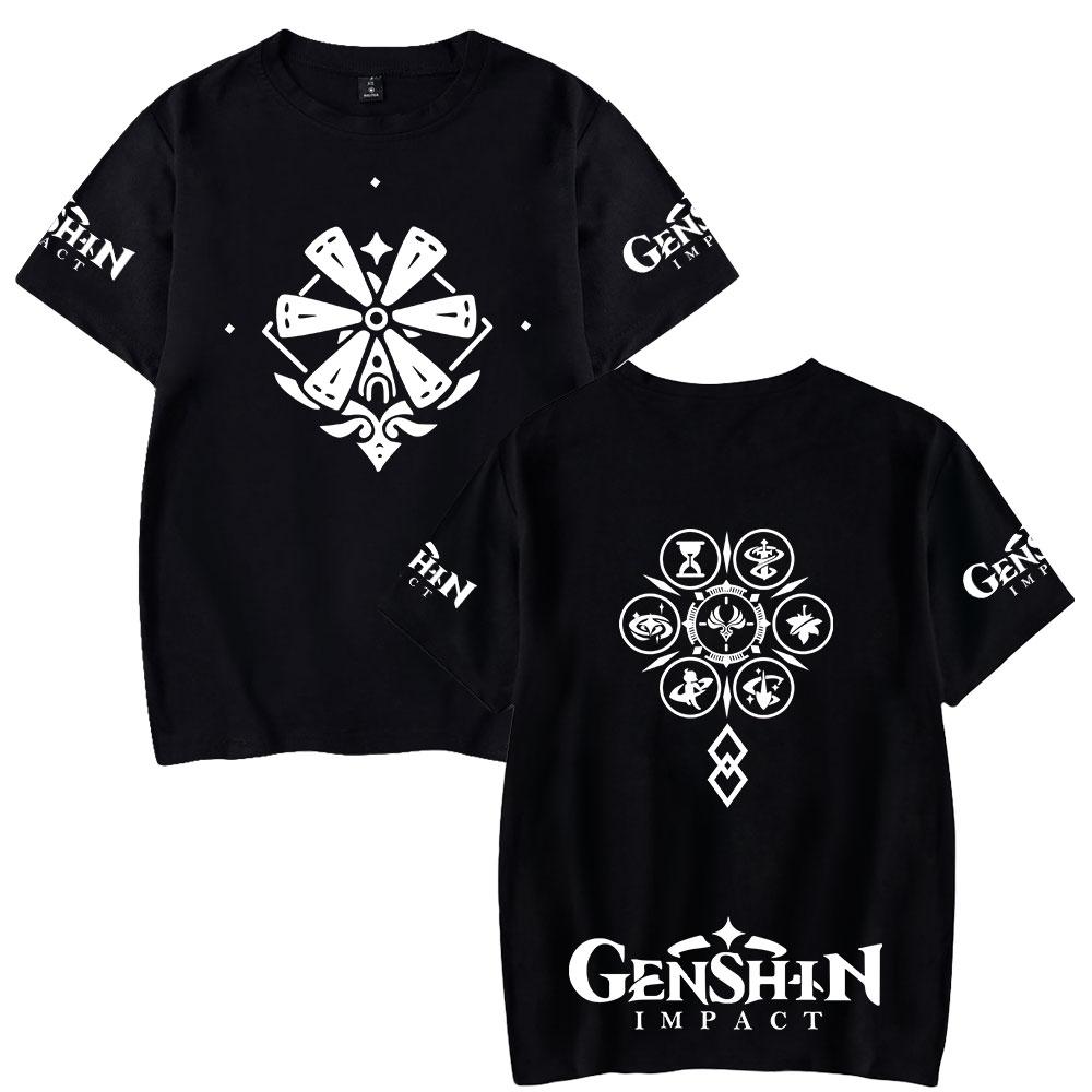 Genshin Impact Женские и мужские футболки Аниме-футболки с мультяшным принтом О-образным вырезом Оверсайз Короткие рукава Модная мужская одежда Уличная одежда XXS чёрный