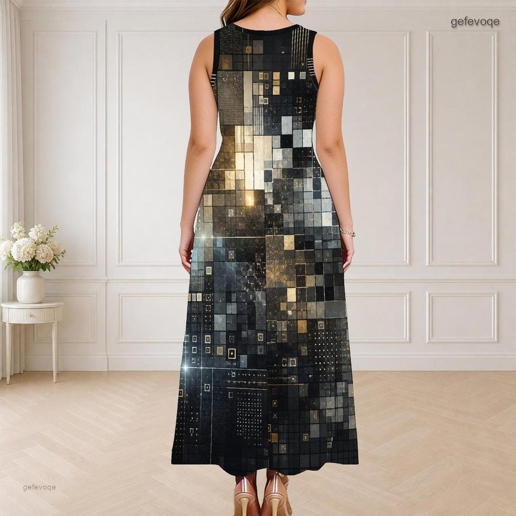 Women Plus Size Round Neck Triple Keyhole Cutout Sleeveless Printed Long Dress