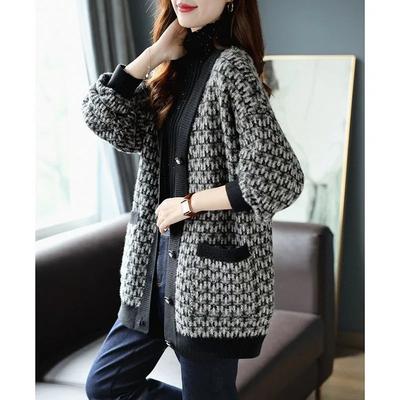 Women's Sweater Cardigan Knit Tops Black Plaid Korean Style Clothing Blouse Y2k Vintage