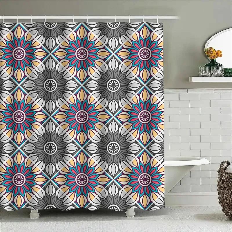 Colorful Tile Print Shower Curtain Bathroom Decor with Floral Design in Pink, Yellow Blue for Home Use