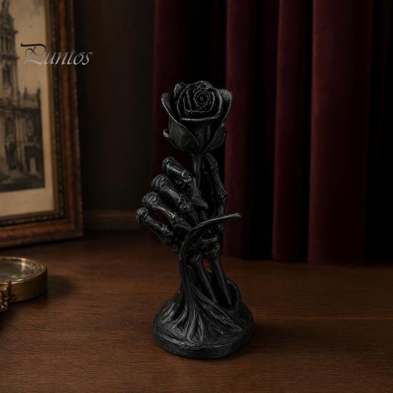 Dark Romantic Figurine Skeleton Hand Holding Rose Ornament, 3D Printed Gothic Aesthetic Exquisite Detailed Art Niche Decor, Stable Base Compact