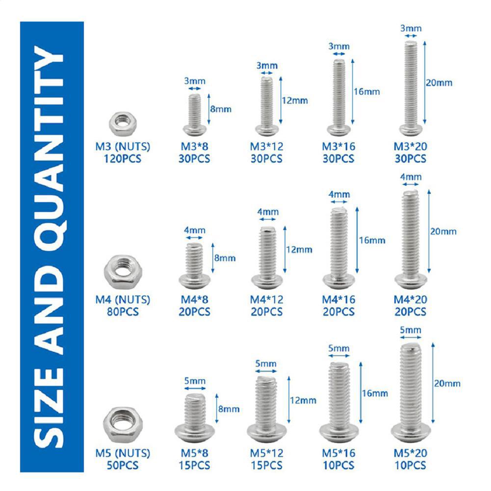 Stainless Steel Hex Socket Screws Kit 500 Pieces M3/M4/M5 with Nuts and Washers for Reliable Fastening In a Variety of Projects