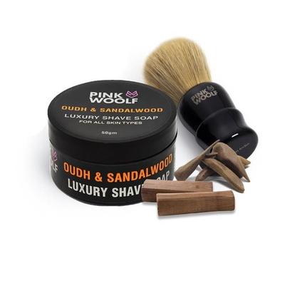 Pink Woolf 2 Pieces Set Shaving Brush & OUDH & SANDALWOOD Shaving Soap | Travel-Friendly Grooming Kit for Men