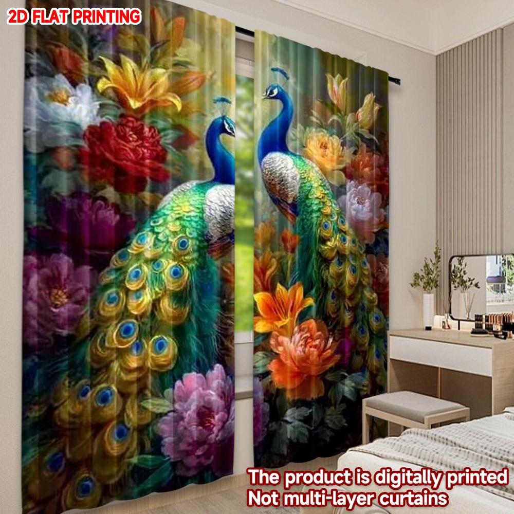 2D flat printing 2pcs Window Treatment Curtains Colorful Peacocks Among Flowers Digital Printed Polyester Drapes Seasonal Party