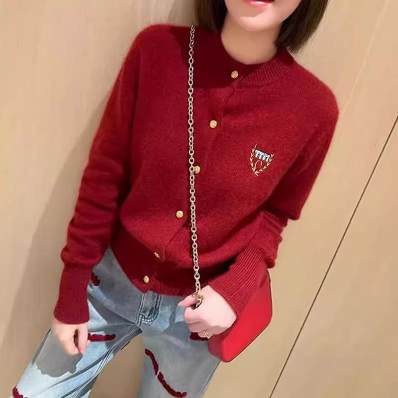 Women's 100% Wool Embroidered Badge Cardigan - New for Early Spring 2025, Soft Round Neck, Thin Knit Sweater.