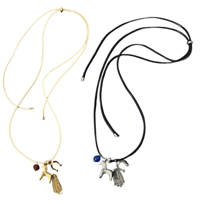 Lightweight Horse Charm Tassels Necklace Stylish Wax Rope Neck Chain Stylish Neck Jewelry Gift For Sister Best Friend