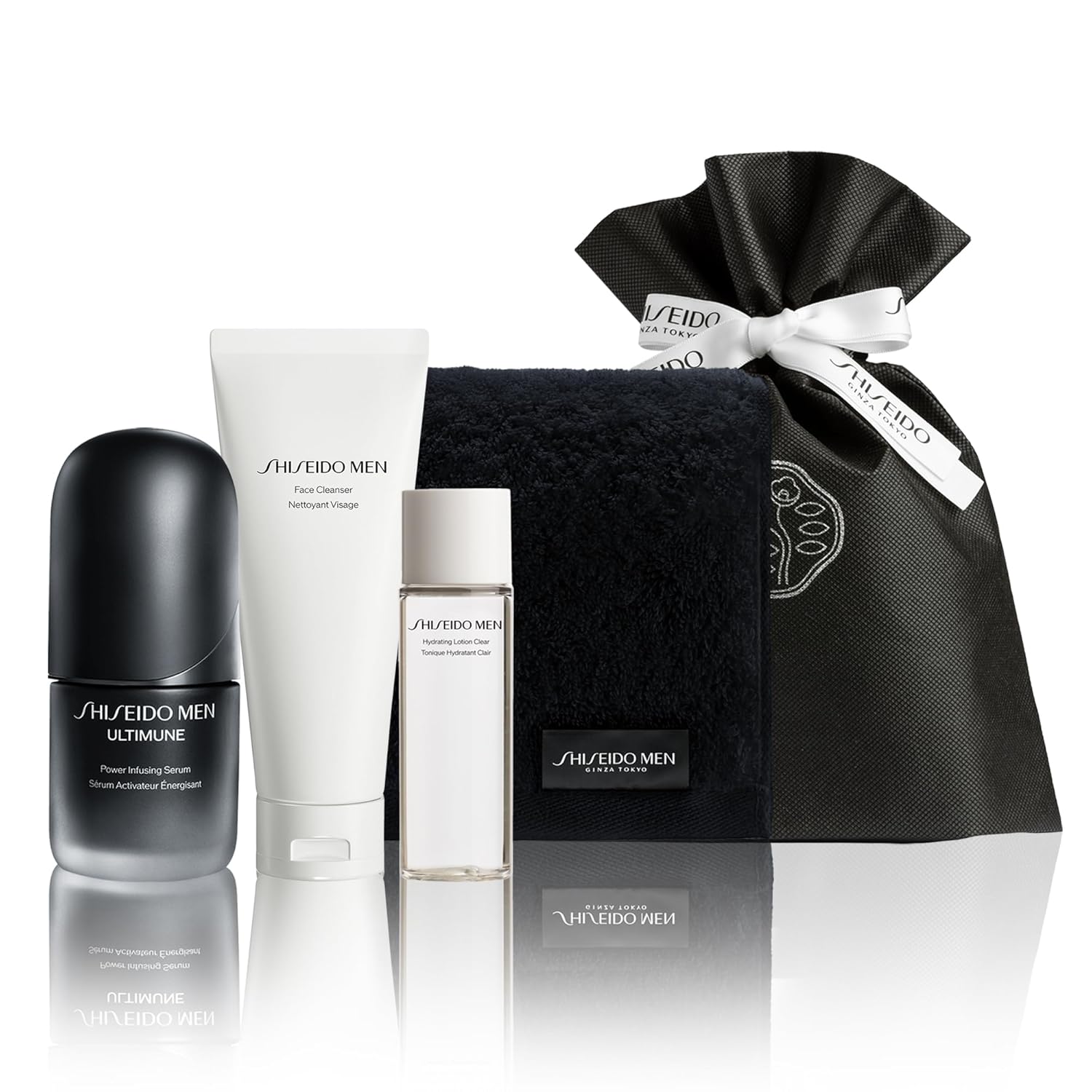 Shiseido Men Mens Skincare Gift Set Serum Ultimune Power Infusing 30mL + Face Cleanser 130g Lotion Hydrating Original Towel Citrus Bamboo Green Pouch)