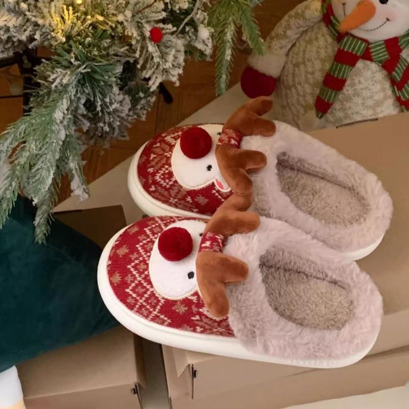 Fashion Cute Cartoon Deer Slippers For Women Warm Fluffy Shoes Soft Plush Anti-slip Female Indoor Home Cotton Slipper Christmas Footwear