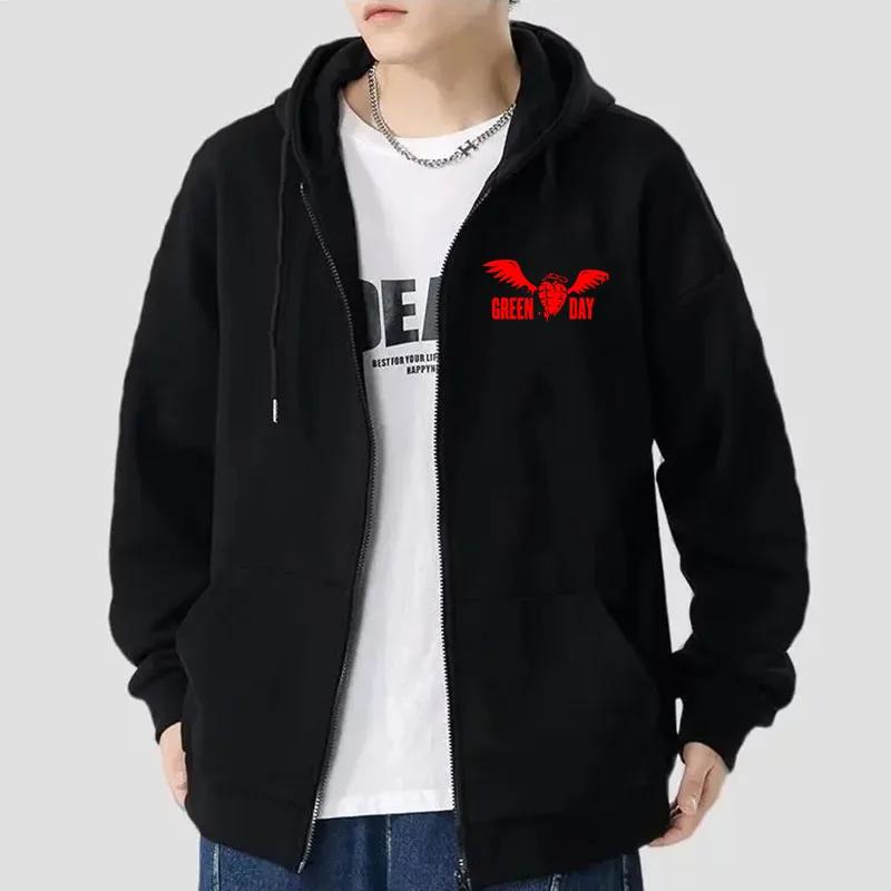 Cardigan con Cappuccio da Uomo Autunnale Green Day Saviors Stampato con Zip Pullover Tinta Unita Abbigliamento Largo Harajuku Hip Hop Top