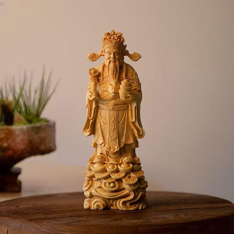 Wood carving Ruyi God of Wealth sculptures and figurines Solid wood carving Home Room Office Wealth Luck Feng Shui Decor statue
