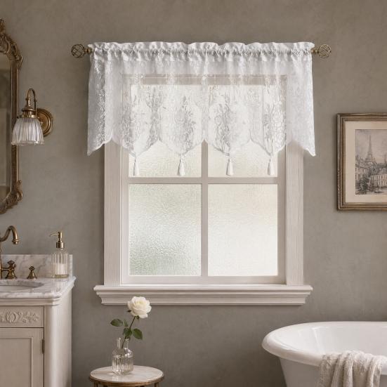 Spitzen-Fenstervorhang, Weißer Spitzen-Schiebegardine mit Quasten und Stangentasche, Vintage Lichtfilternder Fenstervorhang für das Wohnzimmer
