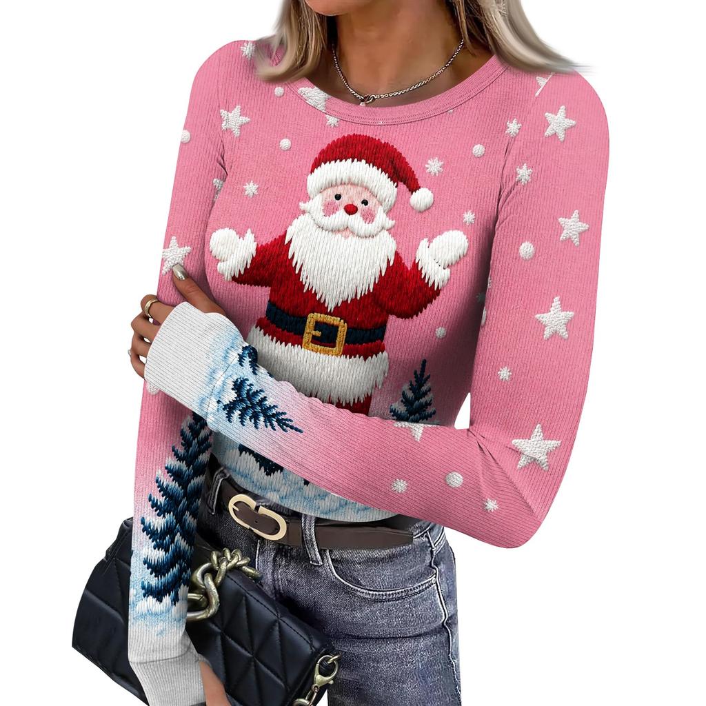 Women's Slim Fit Base Layer T-Shirt, Christmas Print Crewneck Long Sleeve Top with Thumb Holes