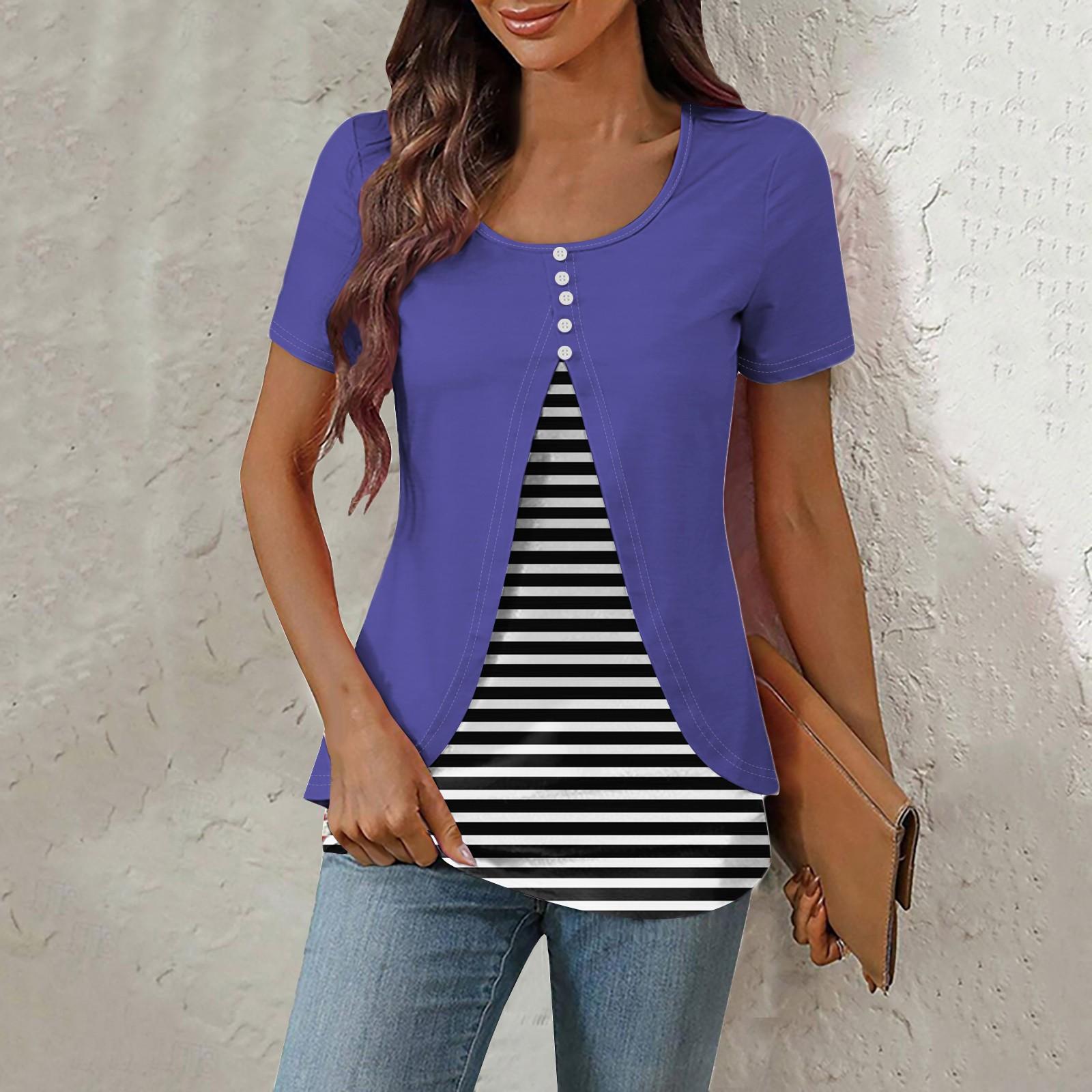 

Рубашки для женщин, топы с короткими рукавами, нарядные летние повседневные блузки в полоску с круглым вырезом и нерегулярным подолом, футболки XXXL чёрный