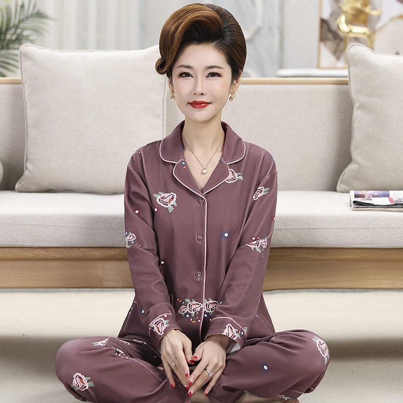 Middle-aged women's 100% pure cotton pajamas women's summer long-sleeved pajamas middle-aged and elderly mother loungewear thin suit