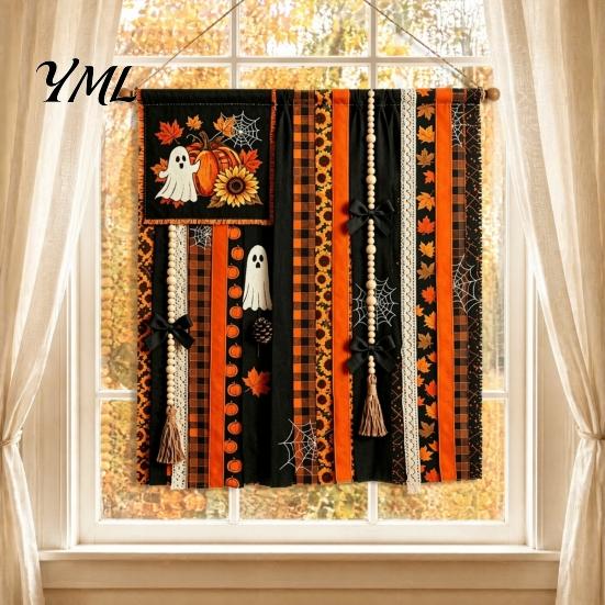 Office Party Supplies Halloween Rag Banner, Orange Black Skull Ghost Pumpkin Hanging Decoration, Rustic Indoor Outdoor Holiday Decor Fabric