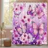 Pink Colour Floral Plant Butterflies Shower Curtain, Bathroom Decorative Shower Curtain, Waterproof Shower Curtain With Hooks
