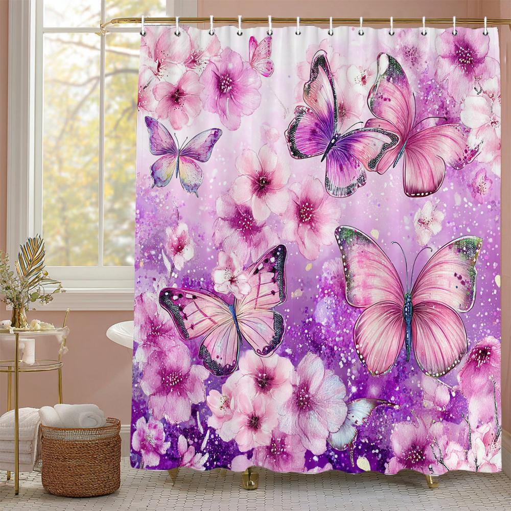 Pink Colour Floral Plant Butterflies Shower Curtain, Bathroom Decorative Shower Curtain, Waterproof Shower Curtain With Hooks