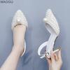 Pointed Toe Pearls Decors Ladies White Wedding Party Dress Shoes Elegant High Heels Bridal Sandals Beige Zapatos De Mujer Size35