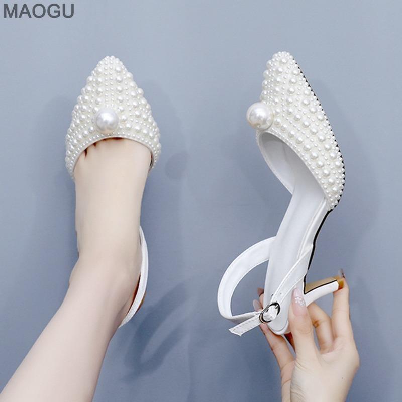 Pointed Toe Pearls Decors Ladies White Wedding Party Dress Shoes Elegant High Heels Bridal Sandals Beige Zapatos De Mujer Size35