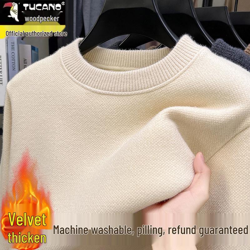 Woodpecker Men's Plus Velvet Thick Knit Sweater - Autumn/Winter Round Neck Long Sleeve Sable Velvet Warm Base Layer.