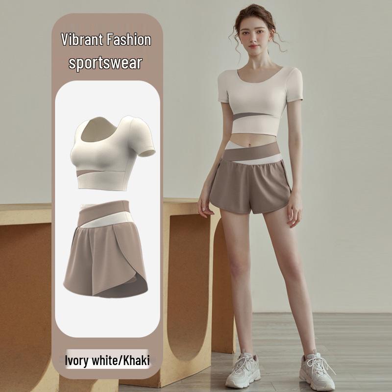 Premium Women's Color Block Sportswear Set - Short Sleeve Top & High-Waist Shorts, Yoga & Pilates Two-Piece Outfit