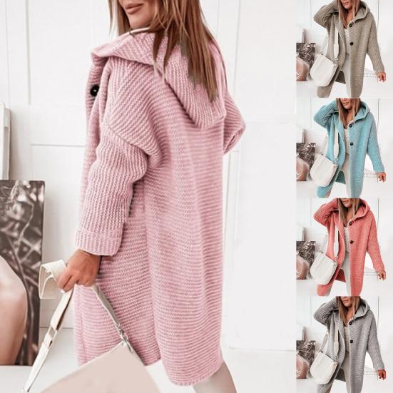 Solid Color Long Sleeve Women Cardigan Autumn Winter Two Buttons Hooded Sweater Coat Outerwear