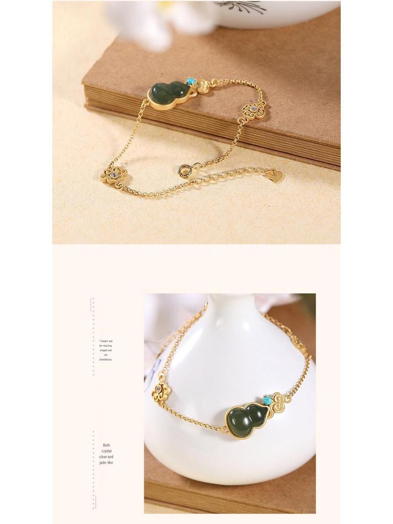 Imitation Hetian Jade Green Gourd Tassel Bracelet - Retro Chinese Style Auspicious Clouds Jewelry for Women