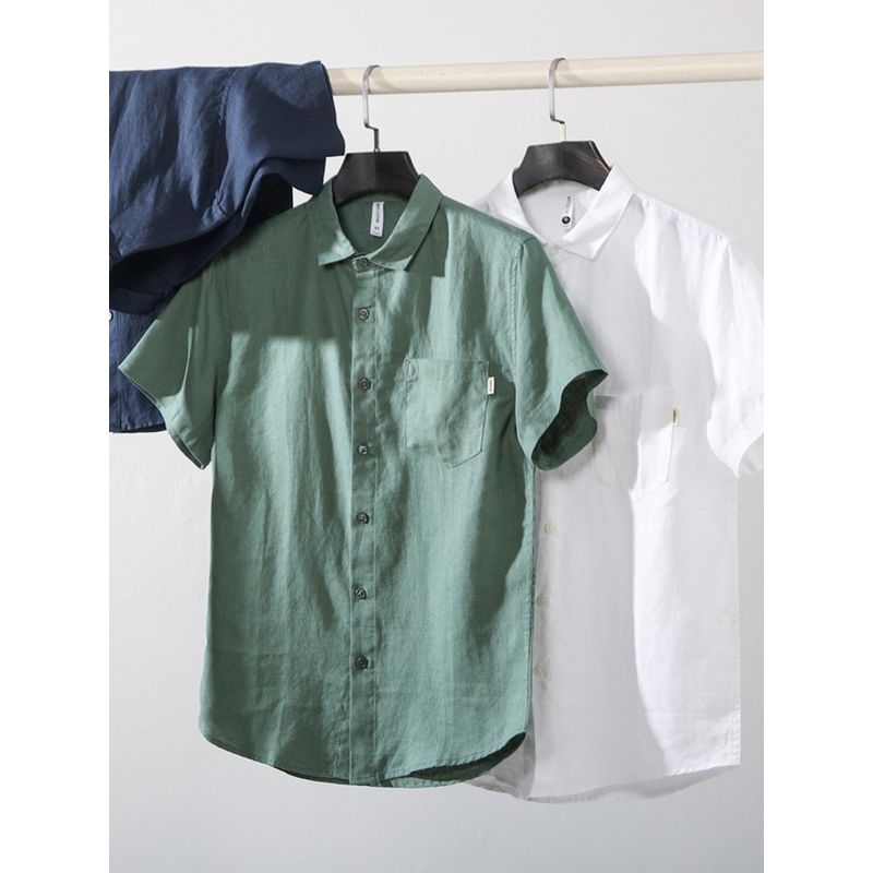 Chinese Style Pure Linen Short-Sleeved Shirt for Men, Summer Thin Loose Jacket, Export White Casual Shirt