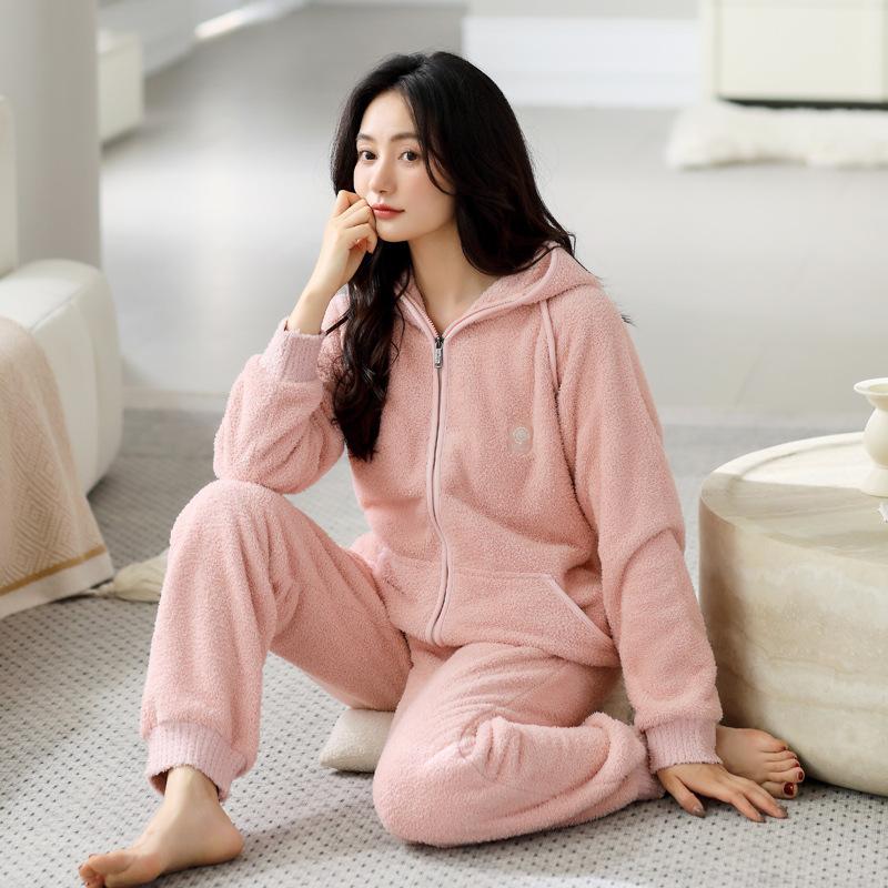 

Coral Fleece Pajamas Women S Winter Fleece Thickened Half Fleece Autumn And Winter Hooded Soft Loungewear Warm Suit 2XL