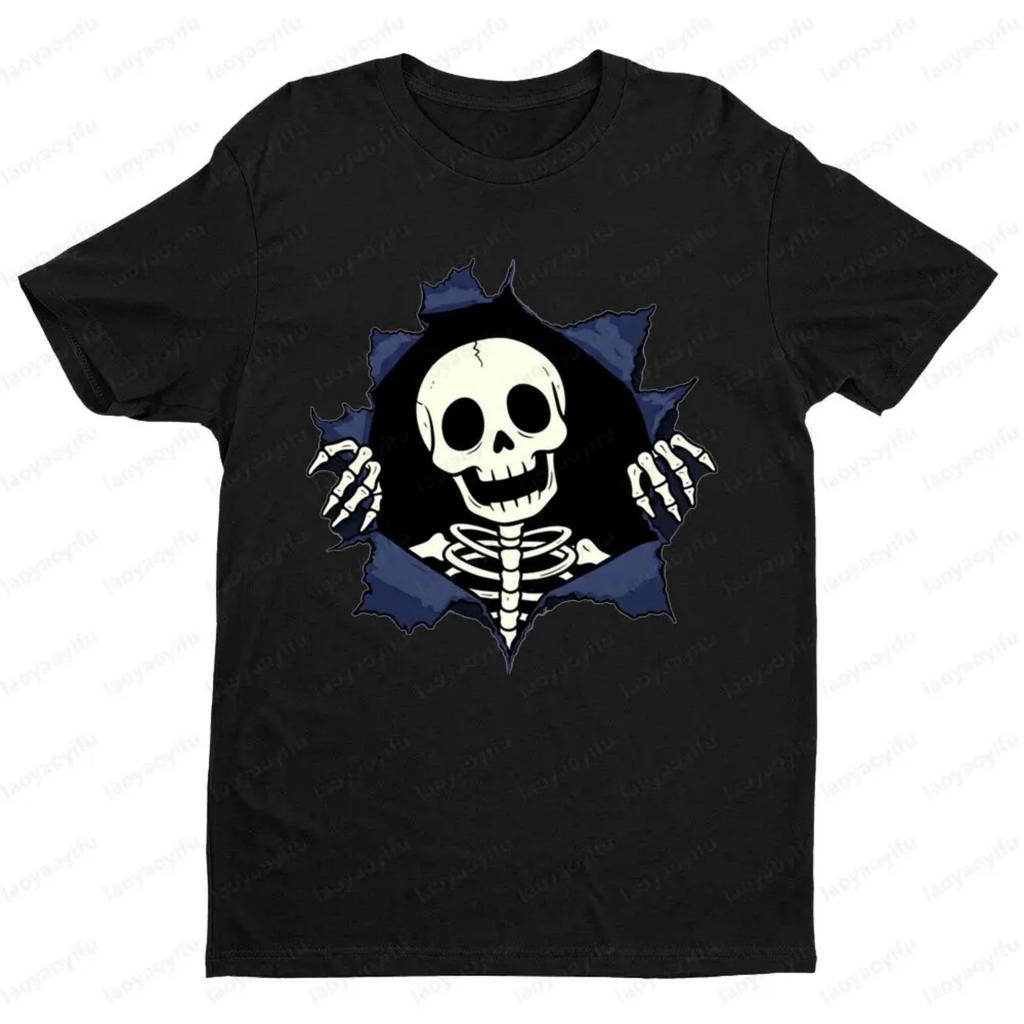 Funny Skeleton Broke Through The Clothes Creative Design T-shirt Gothic Punk Style Women Men Unisex Round Neck Short Sleeve