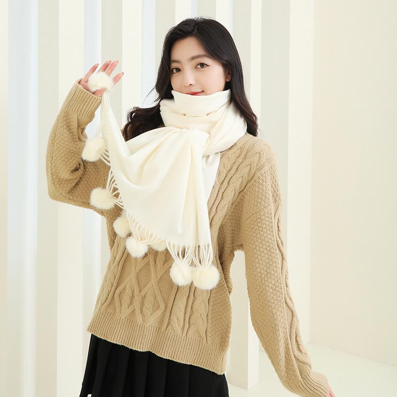 Girls Cute Imitation Cashmere Scarf Women's Winter Warm Solid Color Big Rabbit Fur Ball New Scarf Shawl