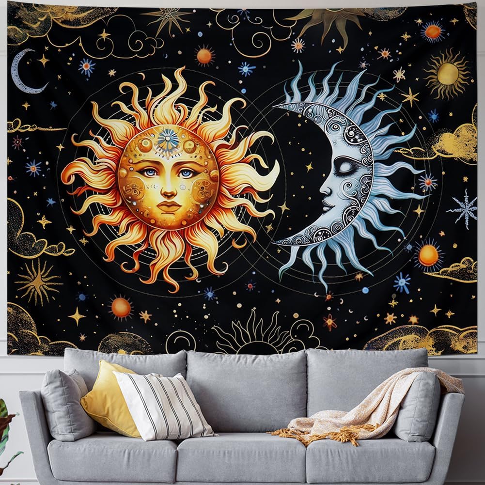 Racunbula Sun and Moon Tapestry Boho Black Golden Tapestries Aesthetic Vintage Moon Stars Cloud Wall Tapestry Spiritual Tapestri