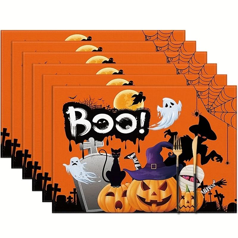 4/6pcs Trick Or Treat Kitchen Decor Linen Placemats, Ghost Pumpkin Spider Web Halloween Table Mats for Dining Table, Suitable for Daily Use, Holidays,