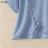 ZANZEA Women Casual Round Neck Plaid Print Loose Short Sleeve Blouse